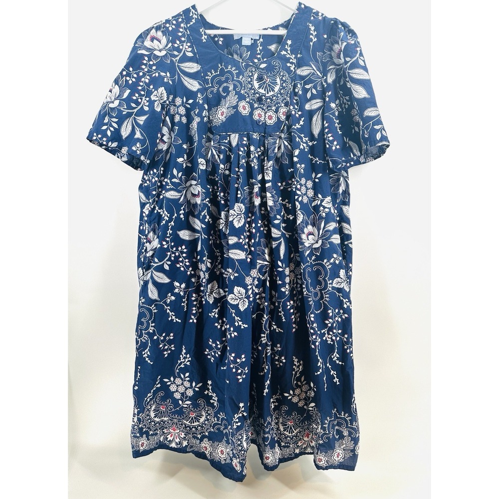 Only‎ Necessities MuuMuu House Dress Sz 1X Blue Floral Pockets Lightweight AA21